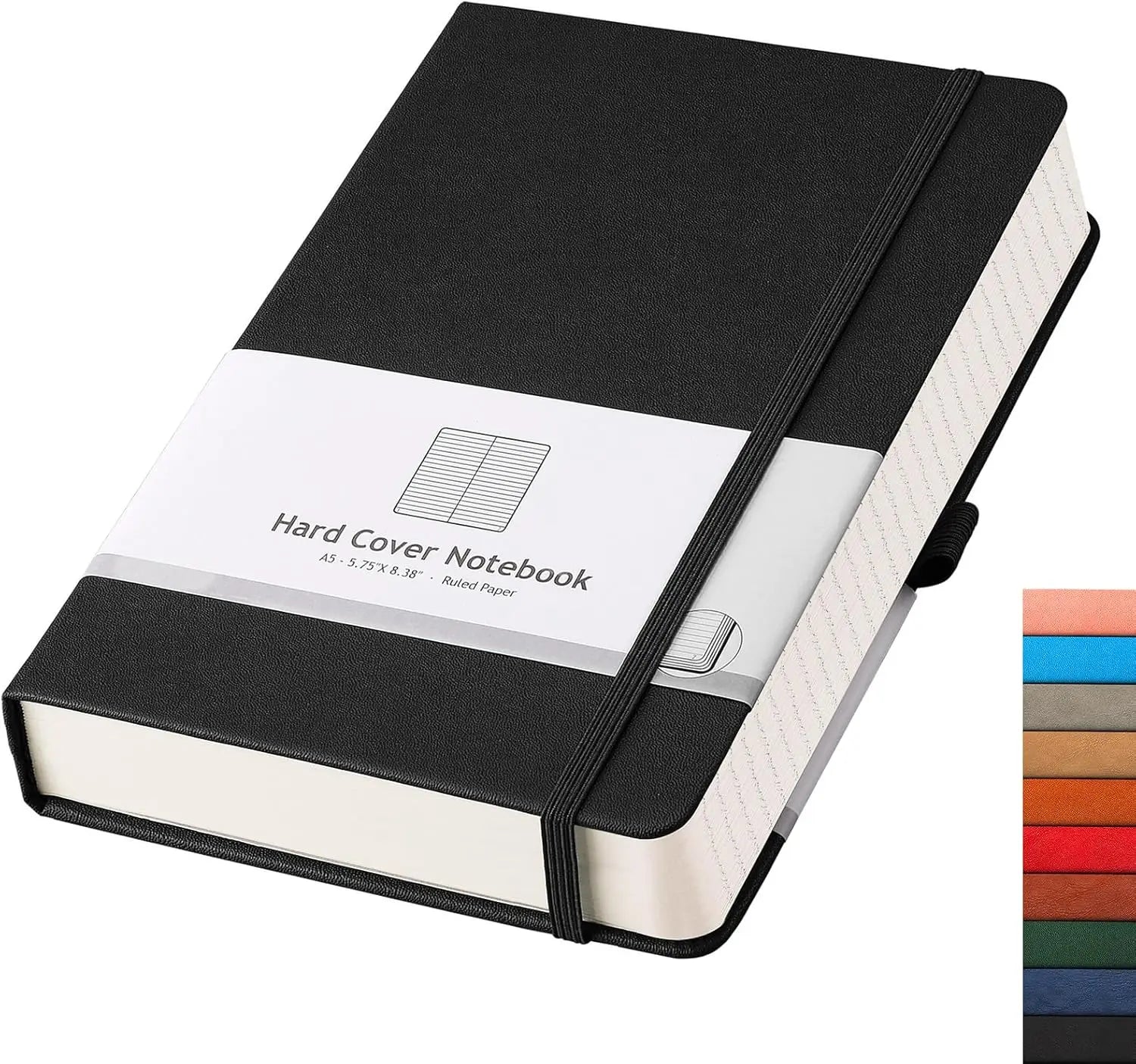 Thick Lined Notebook - 320 Numbered Pages, A5 College Ruled, Leather Hardcover for Writing Work Office School, Black