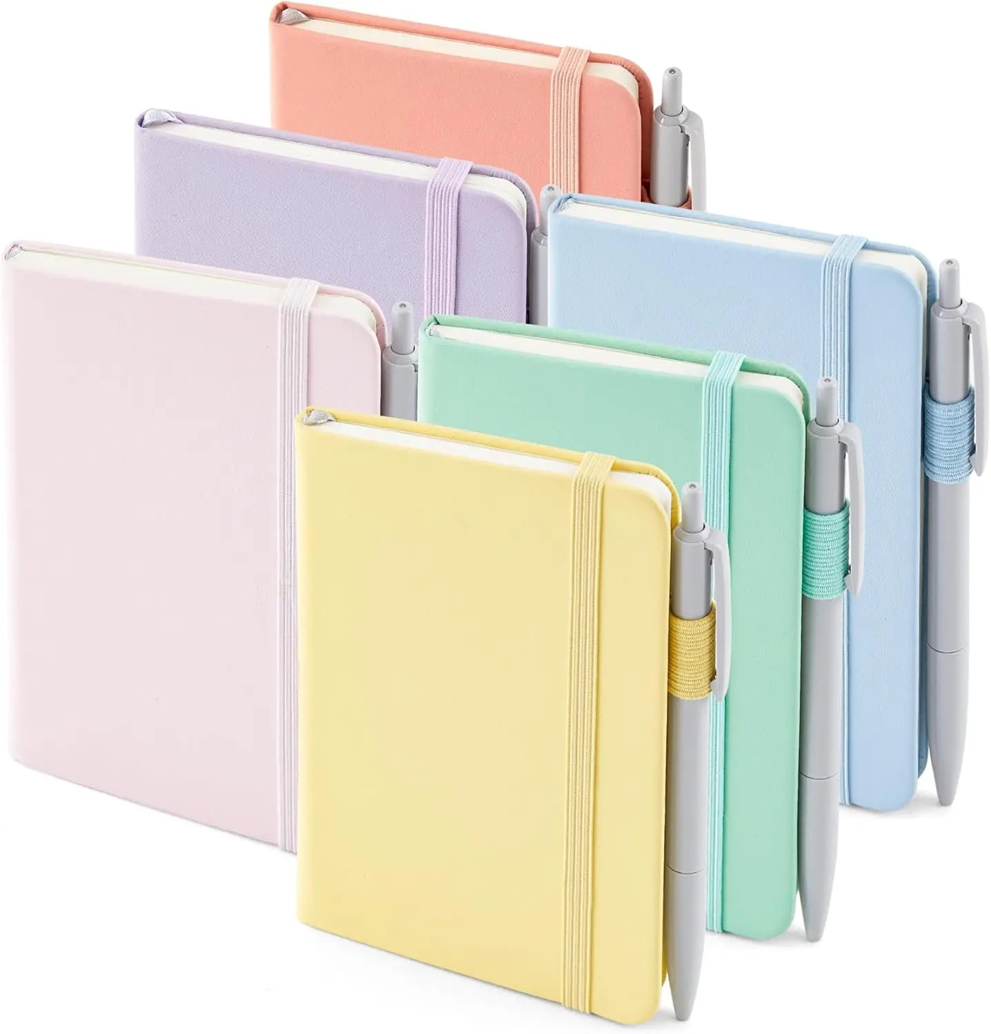 6 Pack Mini Hardcover Notebooks with Pen Holder, College Ruled Lined Journals, Pastel Colors, Includes 6 Black Pens